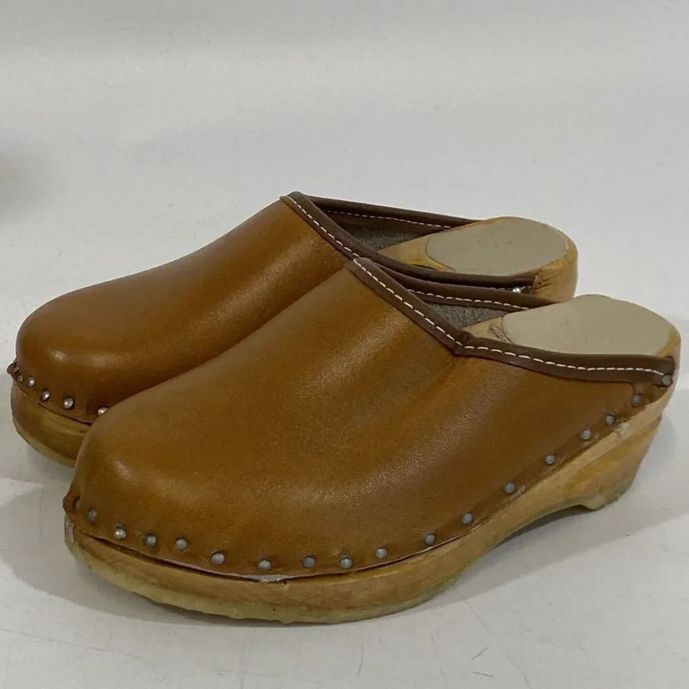 Vintage Girls Swedish Bastad-Toffeln Wood & Tan Leather‎ Clogs Size 24 Us 8